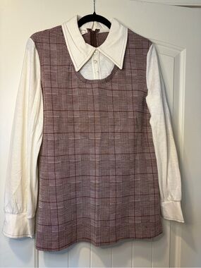 Plaid Layered-Look Top with Contrast Collar - Mauve & Cream